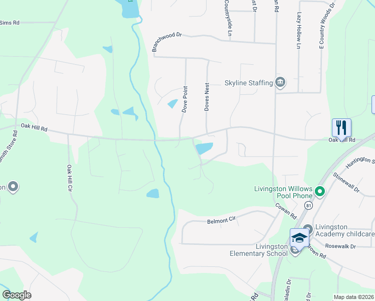 map of restaurants, bars, coffee shops, grocery stores, and more near 475 Oak Hill Road in Covington