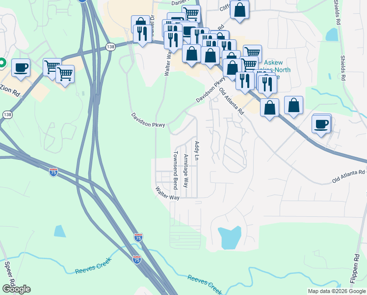 map of restaurants, bars, coffee shops, grocery stores, and more near 604 Armitage Way in Stockbridge