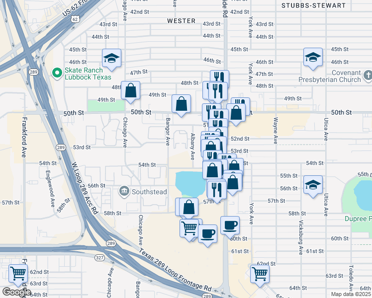 map of restaurants, bars, coffee shops, grocery stores, and more near 5301 51st Street in Lubbock