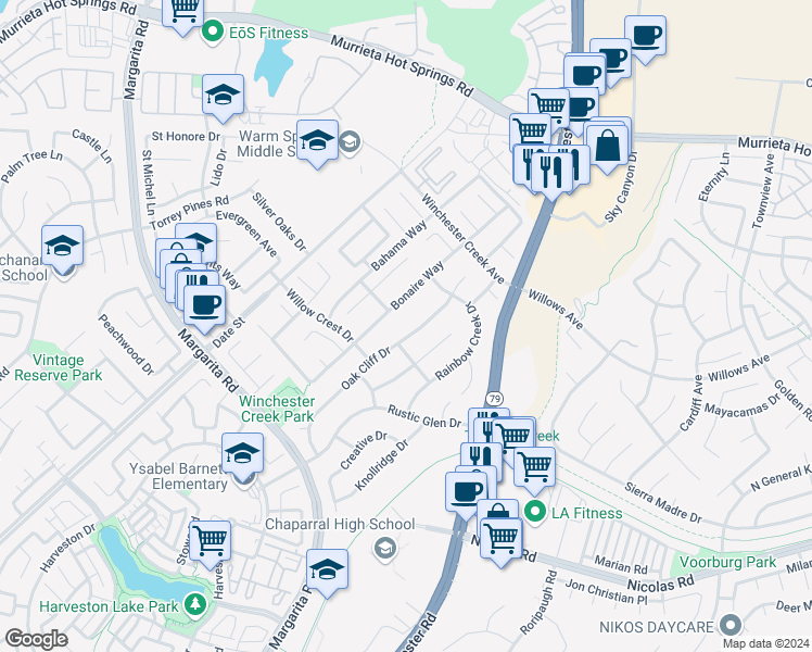 map of restaurants, bars, coffee shops, grocery stores, and more near 39513 Oak Cliff Drive in Temecula