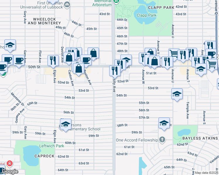 map of restaurants, bars, coffee shops, grocery stores, and more near 2504 53rd Street in Lubbock