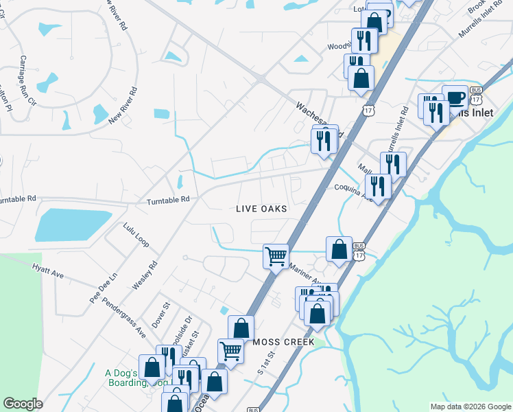 map of restaurants, bars, coffee shops, grocery stores, and more near 865 Nandina Drive in Murrells Inlet