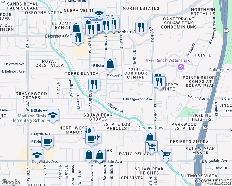 map of restaurants, bars, coffee shops, grocery stores, and more near 1326 East Vista Avenue in Phoenix