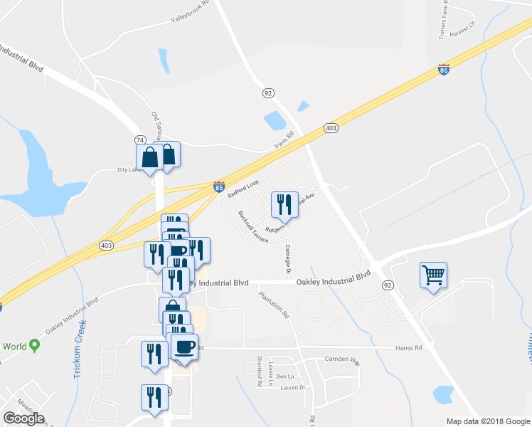 map of restaurants, bars, coffee shops, grocery stores, and more near 5529 Festival Ave in Fairburn