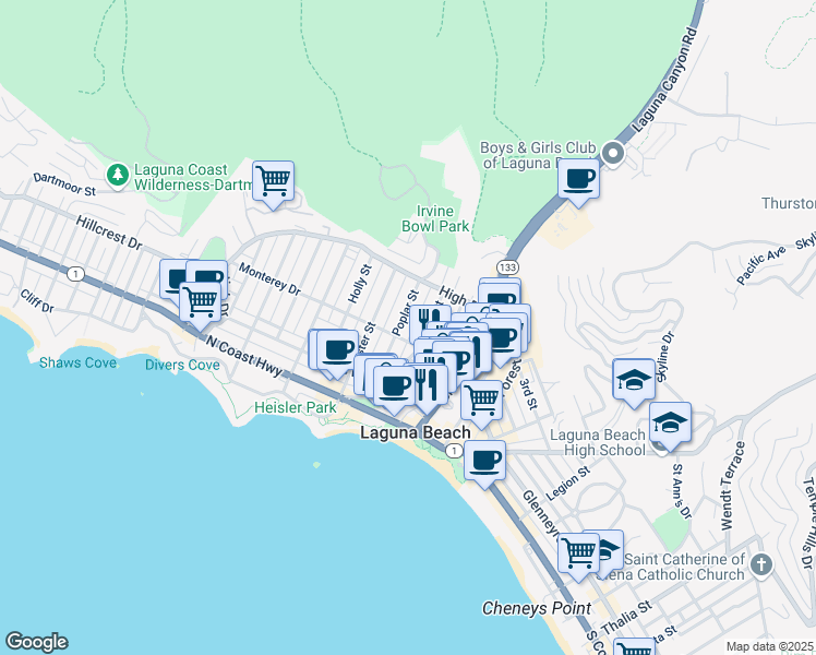 map of restaurants, bars, coffee shops, grocery stores, and more near 417 Poplar Street in Laguna Beach