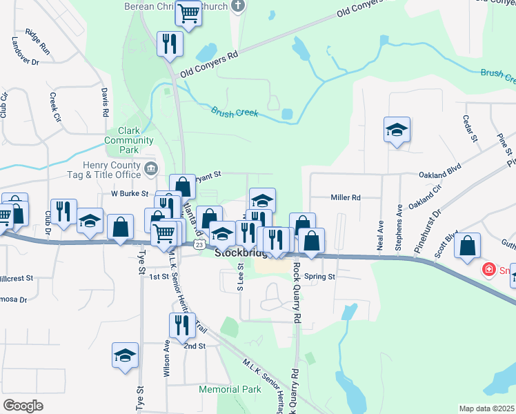 map of restaurants, bars, coffee shops, grocery stores, and more near 101 Brannan Drive in Stockbridge