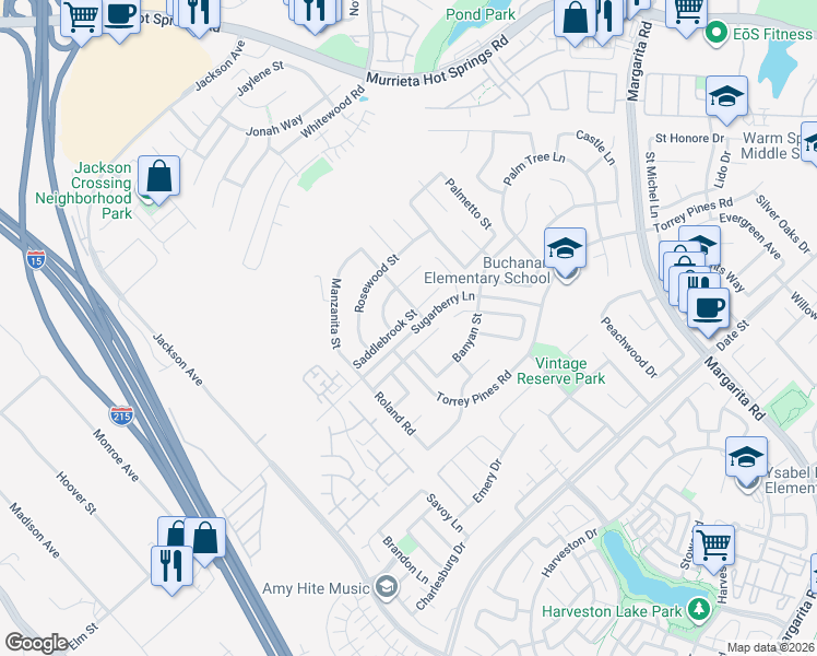 map of restaurants, bars, coffee shops, grocery stores, and more near 40316 Saddlebrook Street in Murrieta