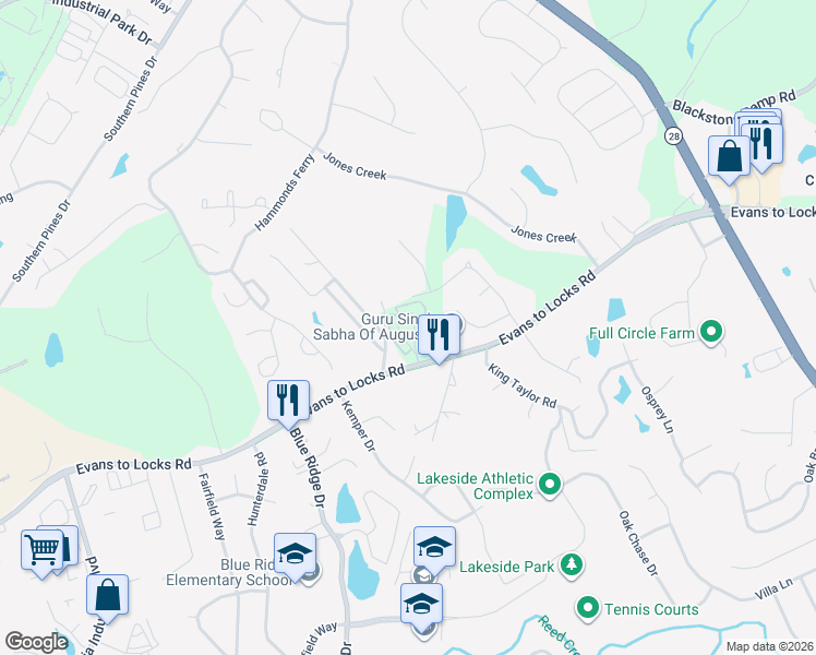 map of restaurants, bars, coffee shops, grocery stores, and more near 4045 Evans to Locks Road in Evans