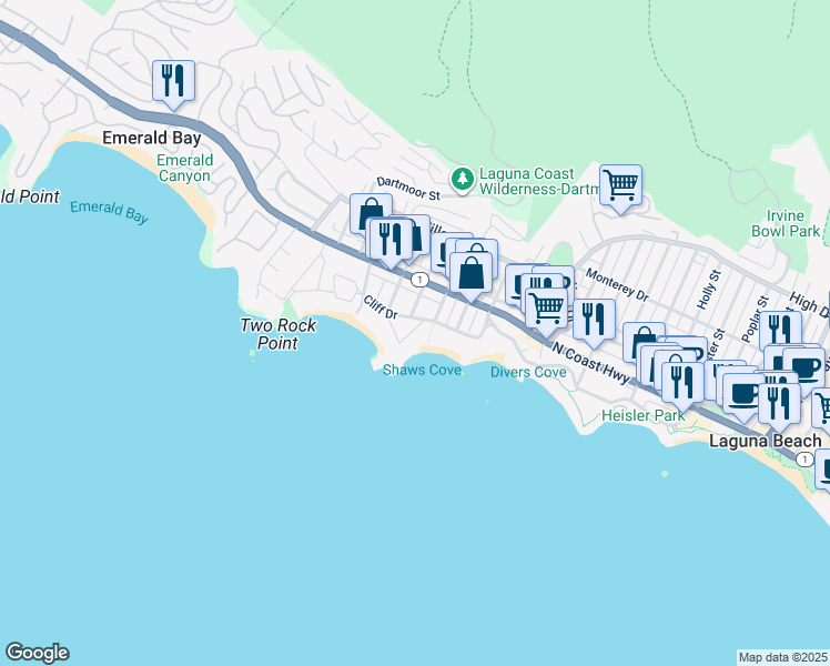 map of restaurants, bars, coffee shops, grocery stores, and more near 1041 Marine Drive in Laguna Beach