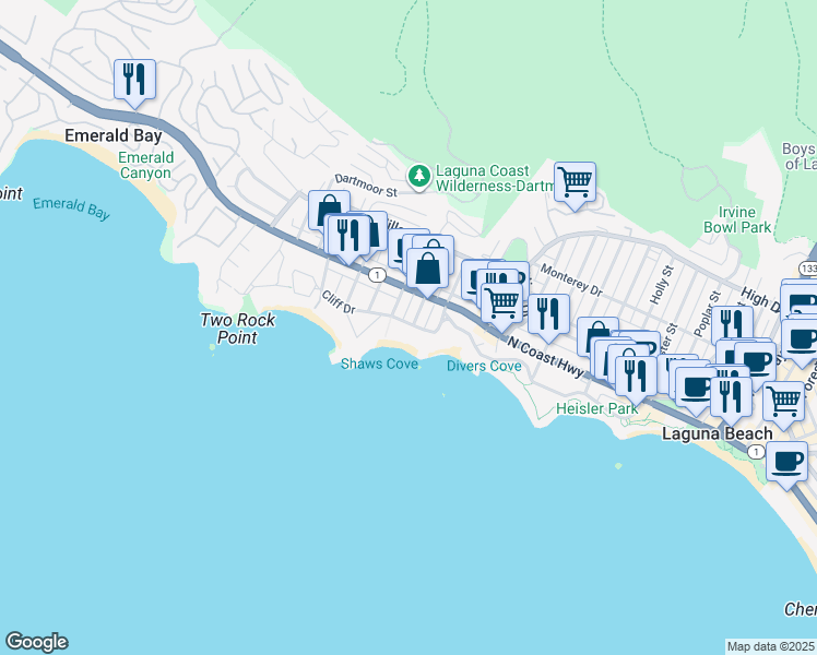 map of restaurants, bars, coffee shops, grocery stores, and more near 911 Cliff Drive in Laguna Beach