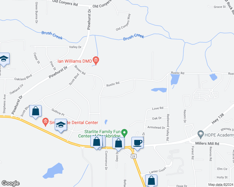 map of restaurants, bars, coffee shops, grocery stores, and more near 210 Brown Road in Stockbridge