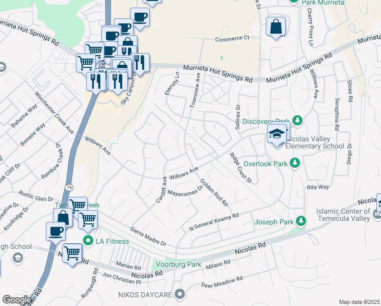 map of restaurants, bars, coffee shops, grocery stores, and more near 39431 Domaine Michael Drive in Murrieta