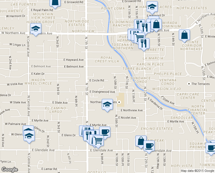 map of restaurants, bars, coffee shops, grocery stores, and more near 7520 North 9th Place in Phoenix