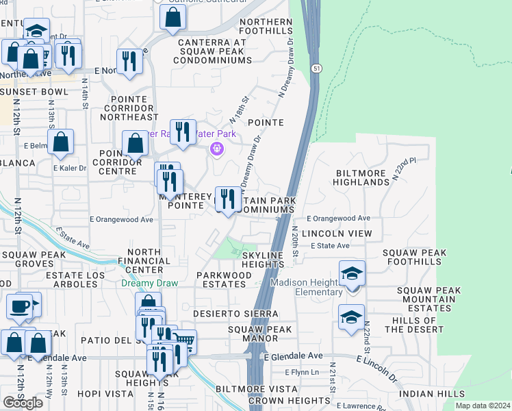 map of restaurants, bars, coffee shops, grocery stores, and more near 1840 East Morten Avenue in Phoenix