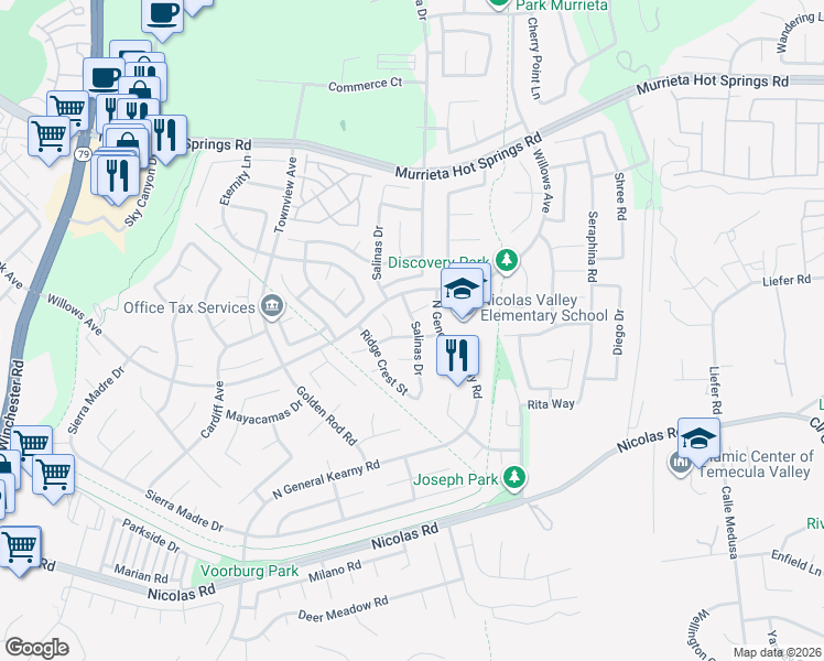 map of restaurants, bars, coffee shops, grocery stores, and more near 30460 Summerside Street in Murrieta