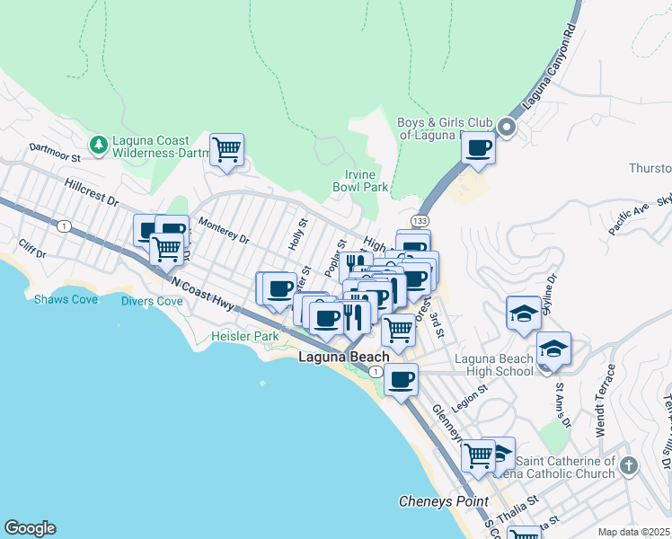 map of restaurants, bars, coffee shops, grocery stores, and more near 417 Poplar Street in Laguna Beach