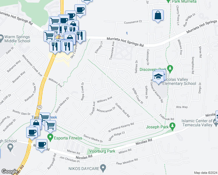 map of restaurants, bars, coffee shops, grocery stores, and more near 39431 Domaine Michael Drive in Murrieta