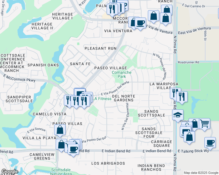 map of restaurants, bars, coffee shops, grocery stores, and more near 8310 East Vía De La Luna in Scottsdale