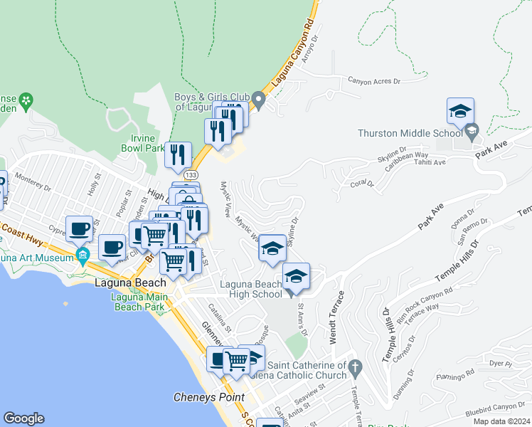 map of restaurants, bars, coffee shops, grocery stores, and more near 1218 Coronado Drive in Laguna Beach