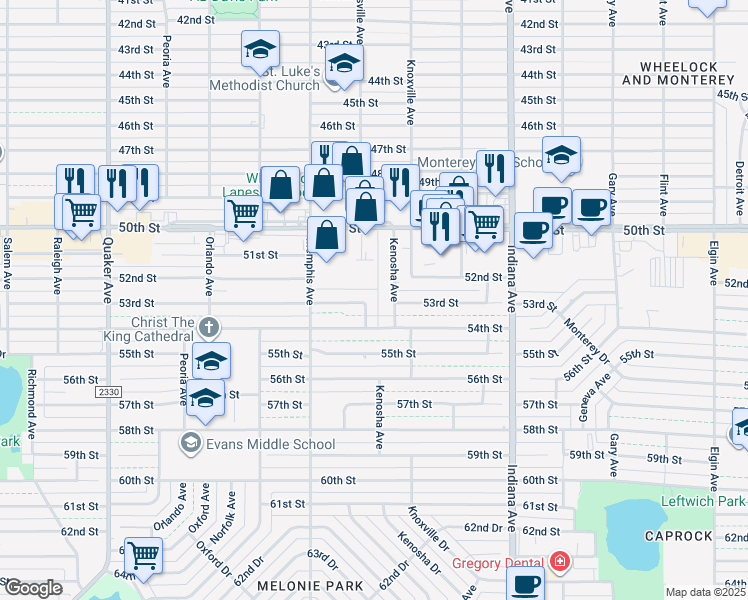 map of restaurants, bars, coffee shops, grocery stores, and more near 5302 Kenosha Avenue in Lubbock