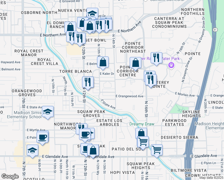 map of restaurants, bars, coffee shops, grocery stores, and more near 1326 East Vista Avenue in Phoenix