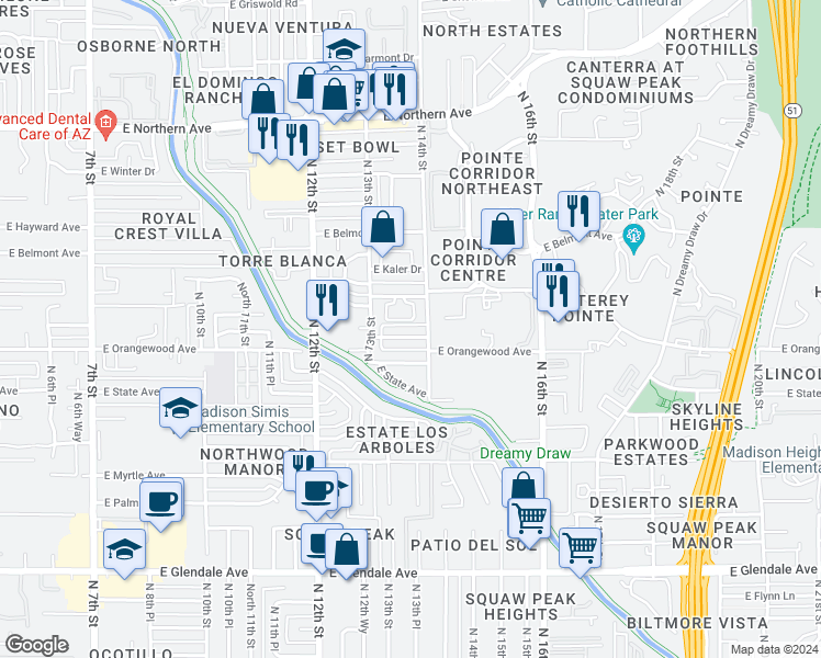 map of restaurants, bars, coffee shops, grocery stores, and more near 1326 East Vista Avenue in Phoenix