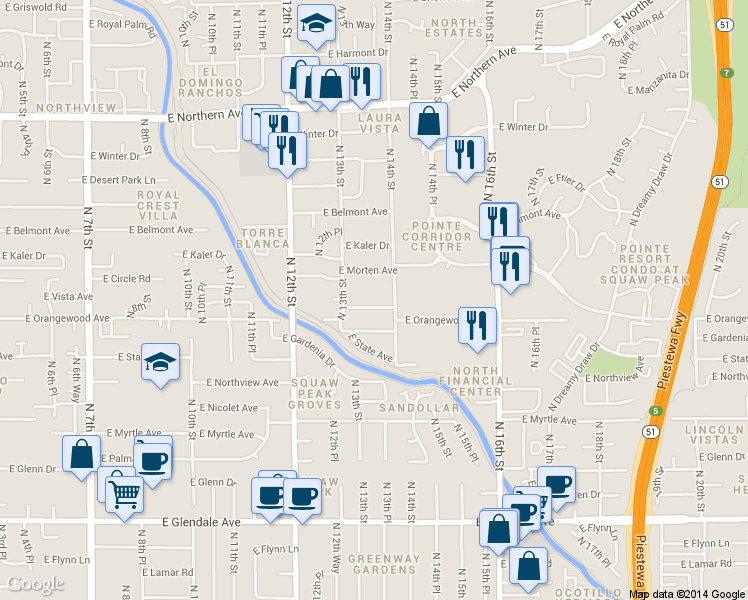 map of restaurants, bars, coffee shops, grocery stores, and more near 1326 East Vista Avenue in Phoenix