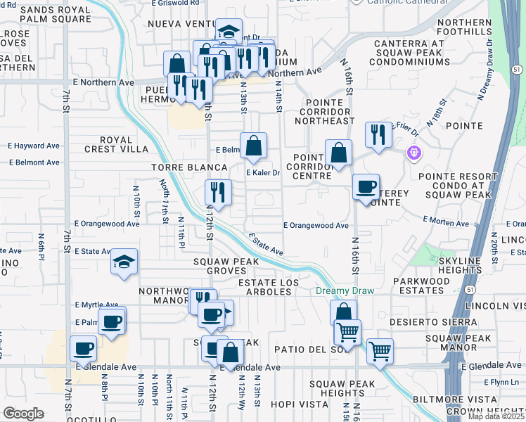 map of restaurants, bars, coffee shops, grocery stores, and more near 1326 East Vista Avenue in Phoenix