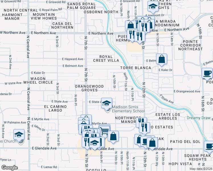 map of restaurants, bars, coffee shops, grocery stores, and more near 7520 North 9th Place in Phoenix