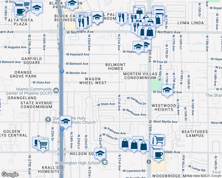 map of restaurants, bars, coffee shops, grocery stores, and more near 2134 West Orangewood Avenue in Phoenix