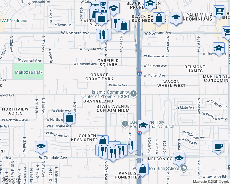 map of restaurants, bars, coffee shops, grocery stores, and more near 2636 West Orangewood Avenue in Phoenix