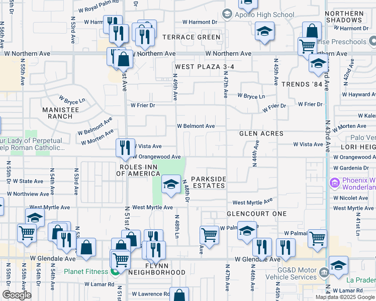 map of restaurants, bars, coffee shops, grocery stores, and more near 4850 West Orangewood Avenue in Glendale