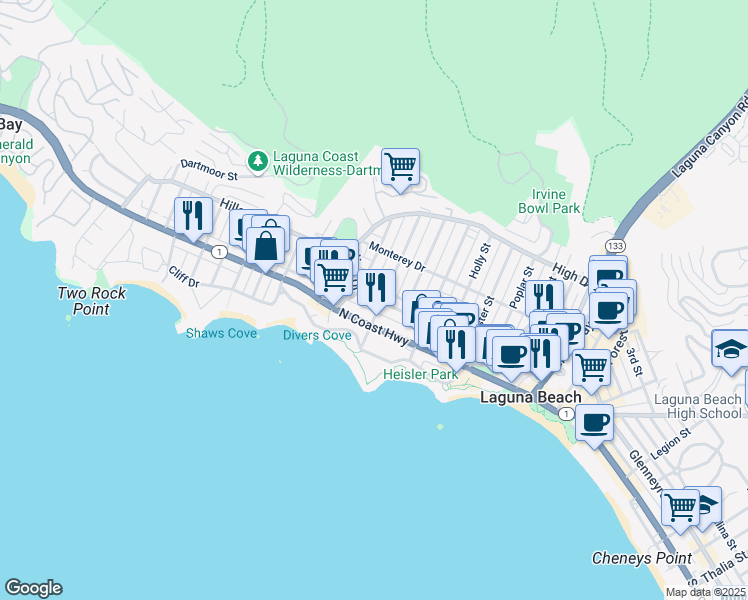 map of restaurants, bars, coffee shops, grocery stores, and more near 509 Cypress Drive in Laguna Beach