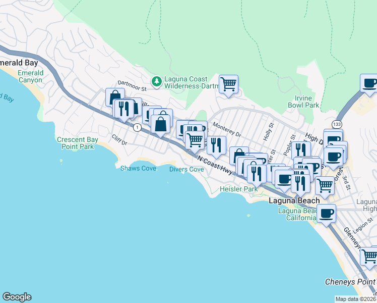 map of restaurants, bars, coffee shops, grocery stores, and more near 678 Cliff Drive in Laguna Beach