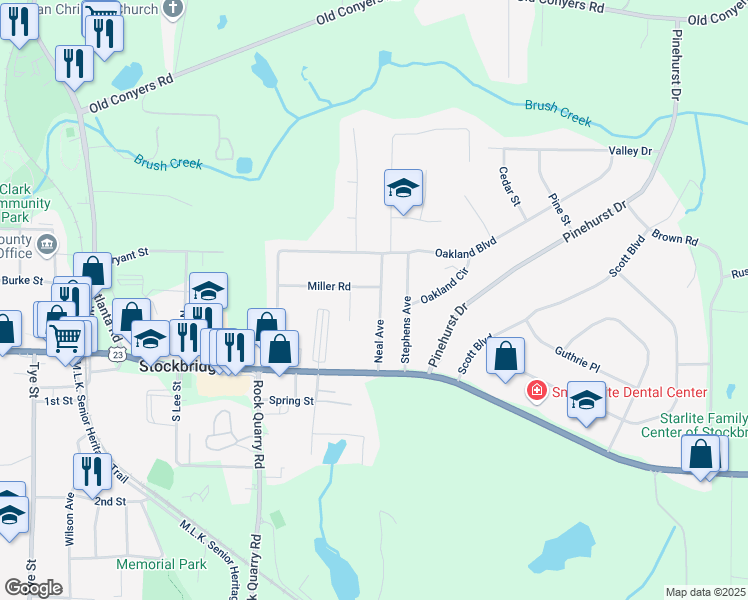 map of restaurants, bars, coffee shops, grocery stores, and more near 115 Neal Avenue in Stockbridge