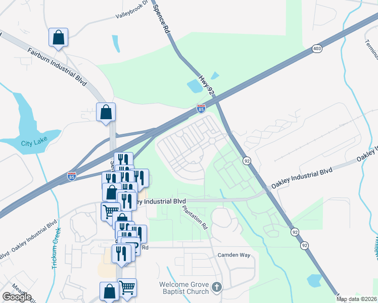 map of restaurants, bars, coffee shops, grocery stores, and more near 5529 Festival Avenue in Fairburn