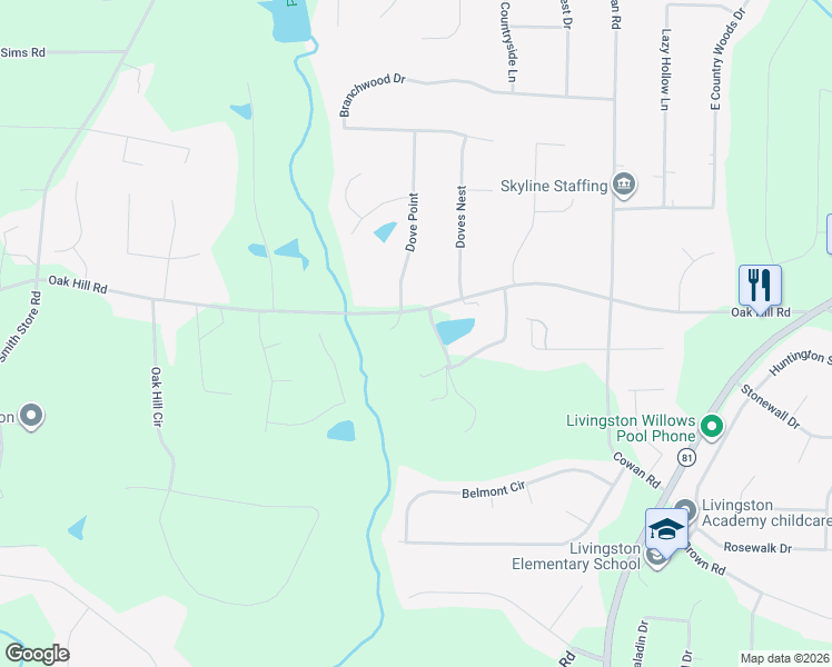 map of restaurants, bars, coffee shops, grocery stores, and more near 475 Oak Hill Road in Covington