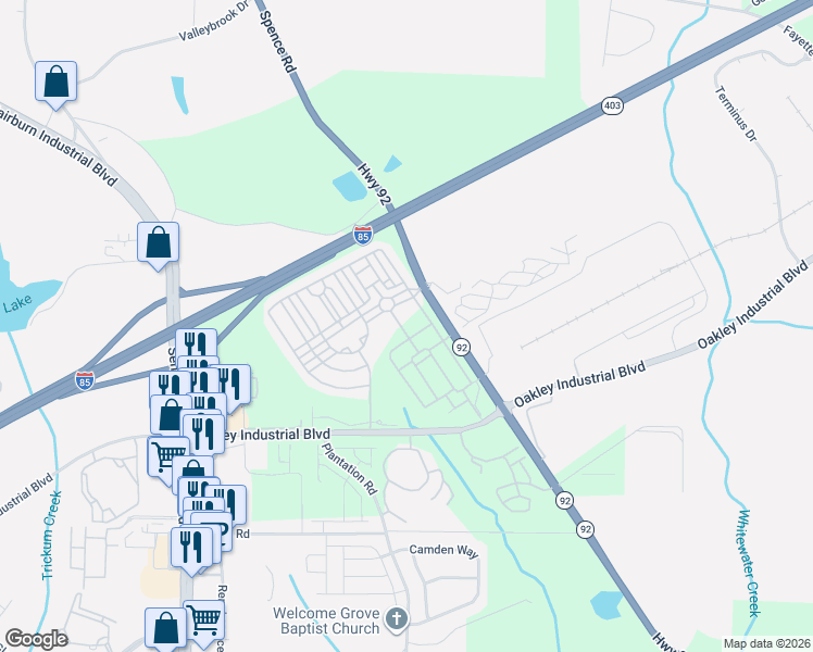 map of restaurants, bars, coffee shops, grocery stores, and more near 7615 Avalon Boulevard in Fairburn