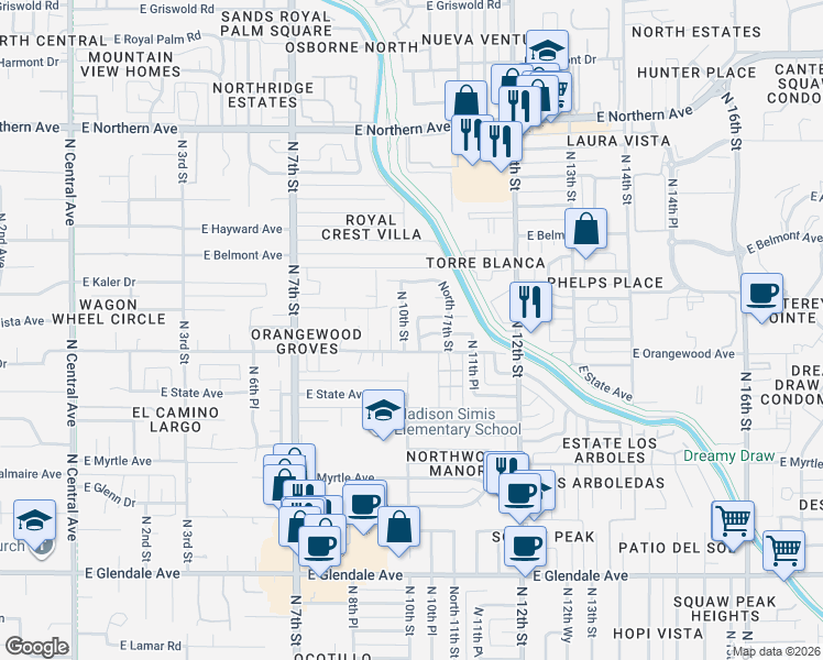 map of restaurants, bars, coffee shops, grocery stores, and more near 7514 North 10th Place in Phoenix