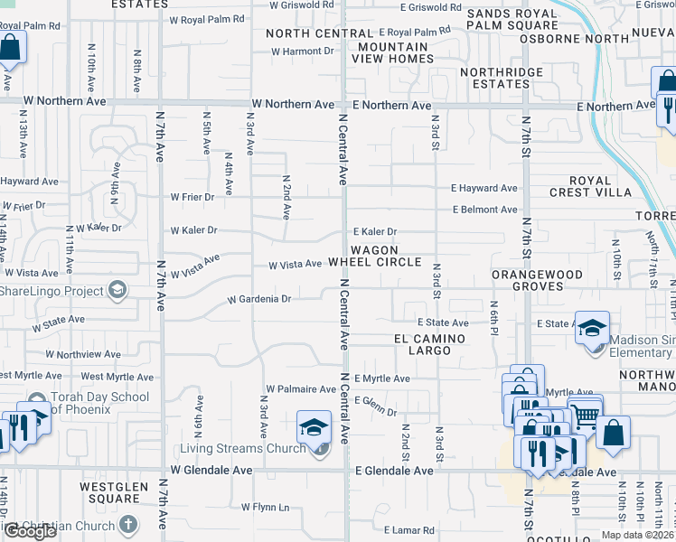 map of restaurants, bars, coffee shops, grocery stores, and more near 7502 North Central Avenue in Phoenix
