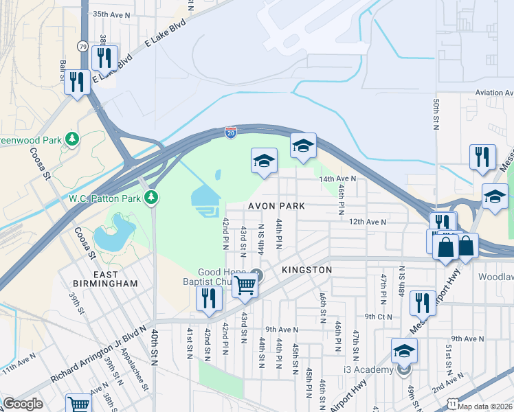 map of restaurants, bars, coffee shops, grocery stores, and more near 1297 44th Street North in Birmingham
