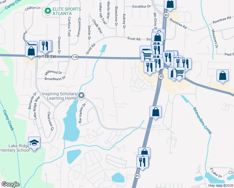 map of restaurants, bars, coffee shops, grocery stores, and more near 7664 Lyle Dr in Riverdale