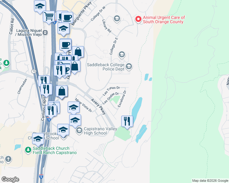 map of restaurants, bars, coffee shops, grocery stores, and more near 26681 Las Ondas Drive in Mission Viejo