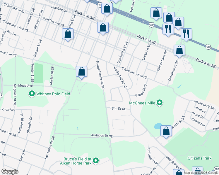 map of restaurants, bars, coffee shops, grocery stores, and more near 1455 Nottingham Drive Southeast in Aiken