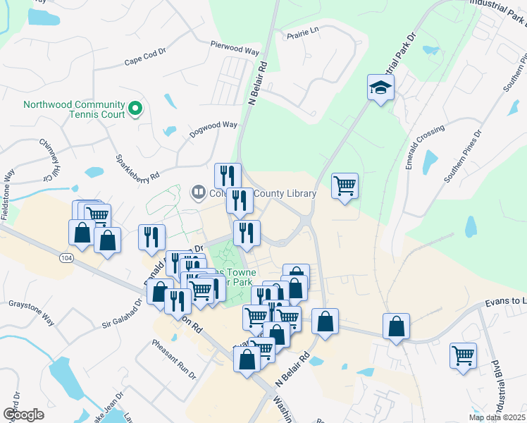 map of restaurants, bars, coffee shops, grocery stores, and more near 1065 Williamsburg Way in Evans