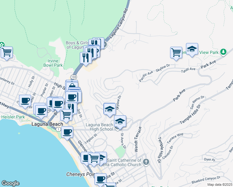 map of restaurants, bars, coffee shops, grocery stores, and more near 1220 Anacapa Way in Laguna Beach