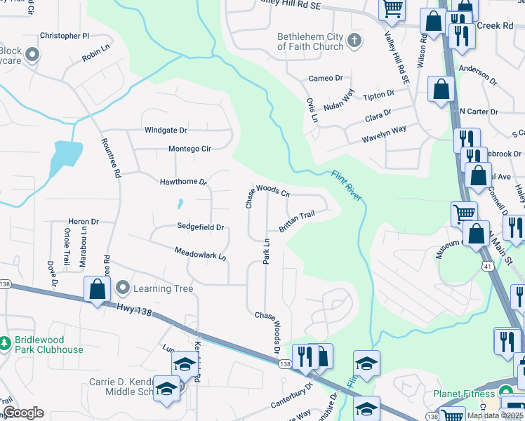 map of restaurants, bars, coffee shops, grocery stores, and more near 7629 Park Lane in Jonesboro