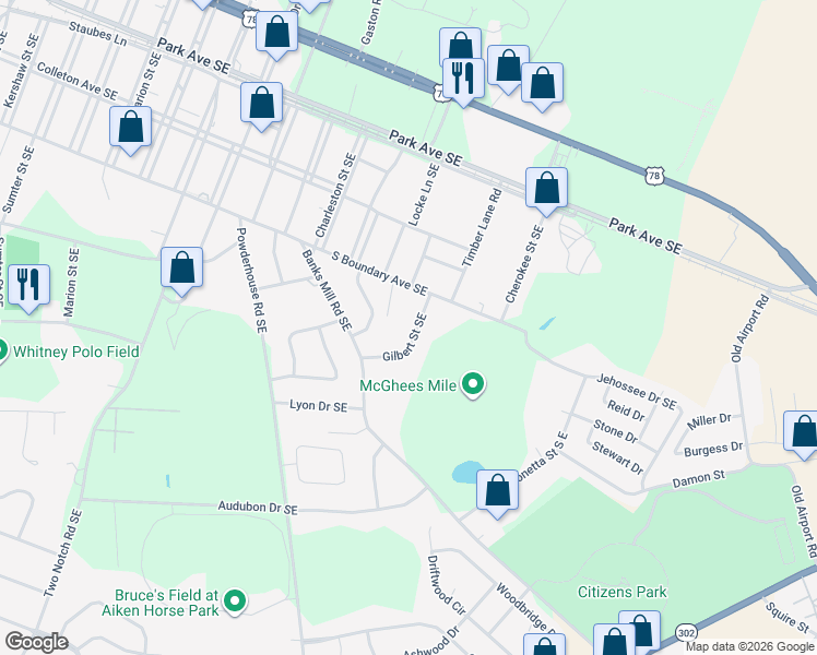 map of restaurants, bars, coffee shops, grocery stores, and more near 445 Gilbert Street Southeast in Aiken