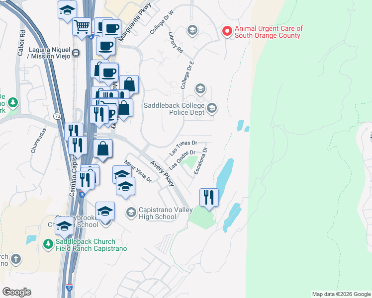 map of restaurants, bars, coffee shops, grocery stores, and more near 26681 Las Ondas Dr in Mission Viejo