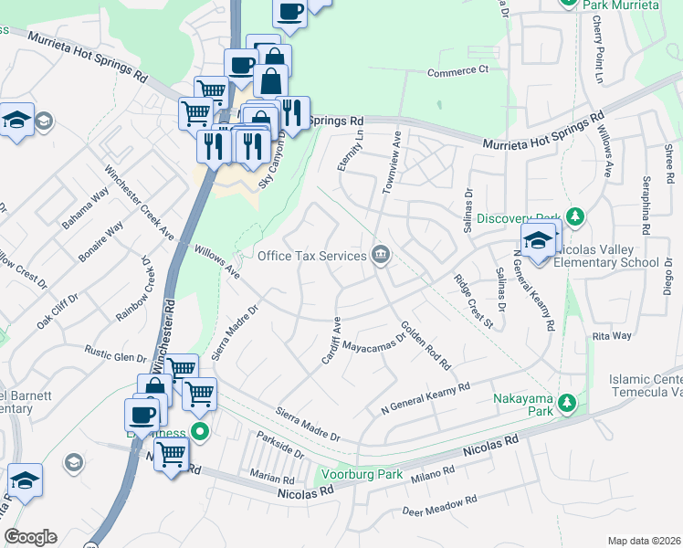 map of restaurants, bars, coffee shops, grocery stores, and more near 30255 Fetzer Circle in Murrieta